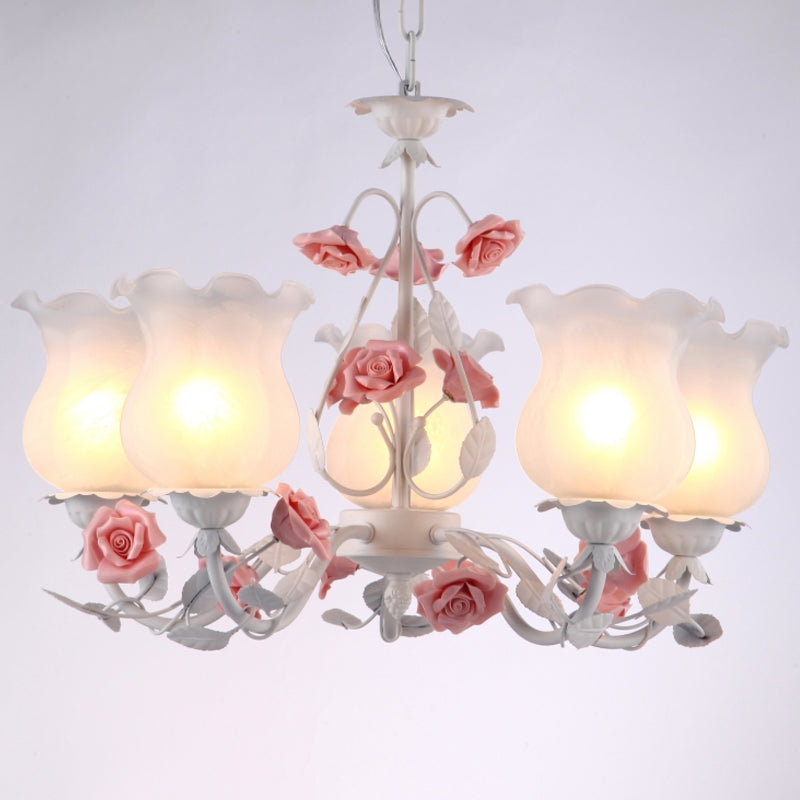 American Garden Flower Chandelier Light - 5-Light White Pendant Ceiling Fixture with Frosted Glass for Kids Room