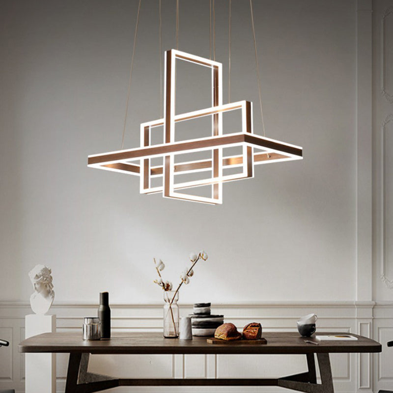 Minimalist Metal LED Chandelier with Interlocking Rectangle Design - Coffee