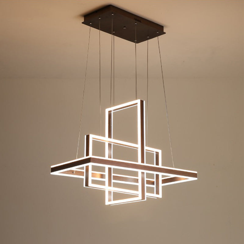 Minimalist Metal LED Chandelier with Interlocking Rectangle Design - Coffee