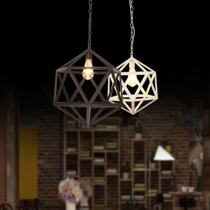 Wide Industrial Dining Table Pendant Light with Geometric Iron Cage, 1-Light and Black Finish