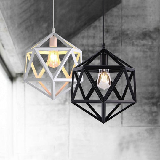 Wide Industrial Dining Table Pendant Light with Geometric Iron Cage, 1-Light and Black Finish