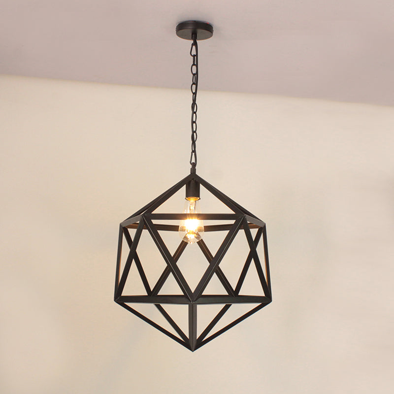 Wide Industrial Dining Table Pendant Light with Geometric Iron Cage, 1-Light and Black Finish