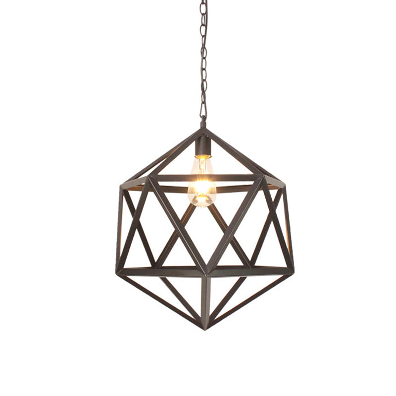 Wide Industrial Dining Table Pendant Light with Geometric Iron Cage, 1-Light and Black Finish