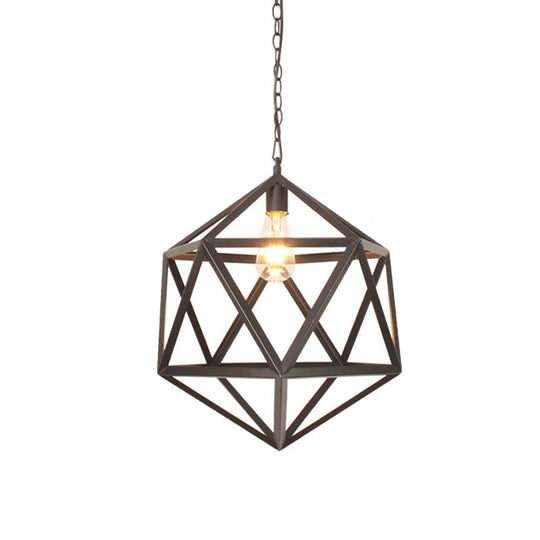 Wide Industrial Dining Table Pendant Light with Geometric Iron Cage, 1-Light and Black Finish