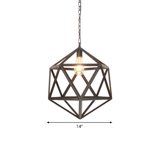 Wide Industrial Dining Table Pendant Light with Geometric Iron Cage, 1-Light and Black Finish