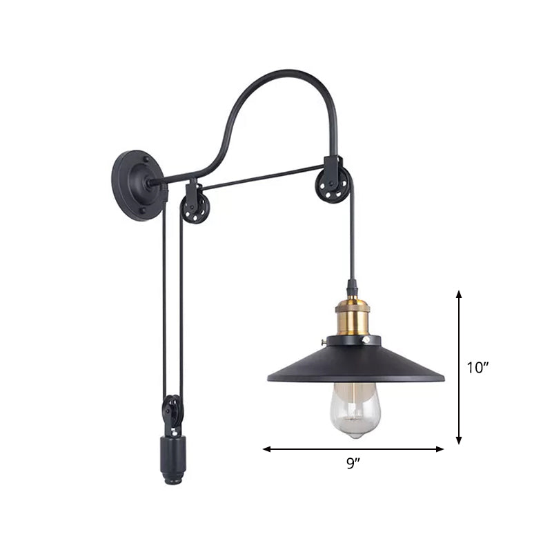 Conical Bedside Pulley Wall Light - Industrial Metal Black Lamp with Gooseneck Arm