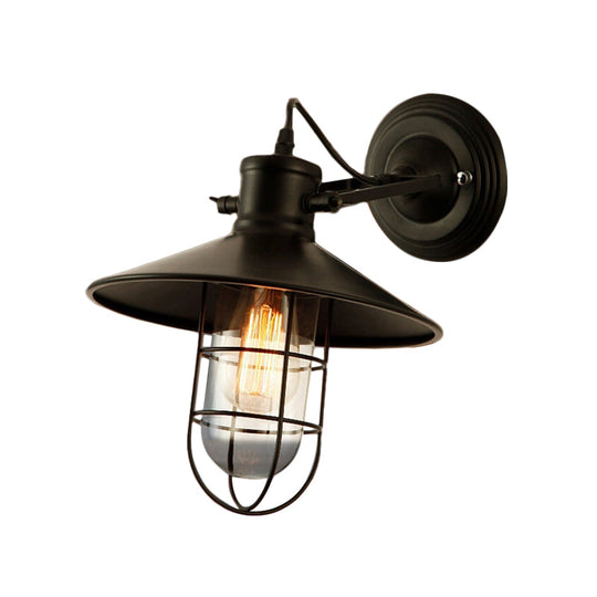 Farmhouse Adjustable Wall Lamp with Clear Glass Bulb, Black Wire Cage & Saucer Top