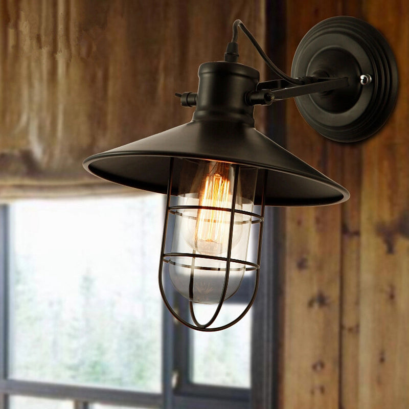 Farmhouse Adjustable Wall Lamp with Clear Glass Bulb, Black Wire Cage & Saucer Top