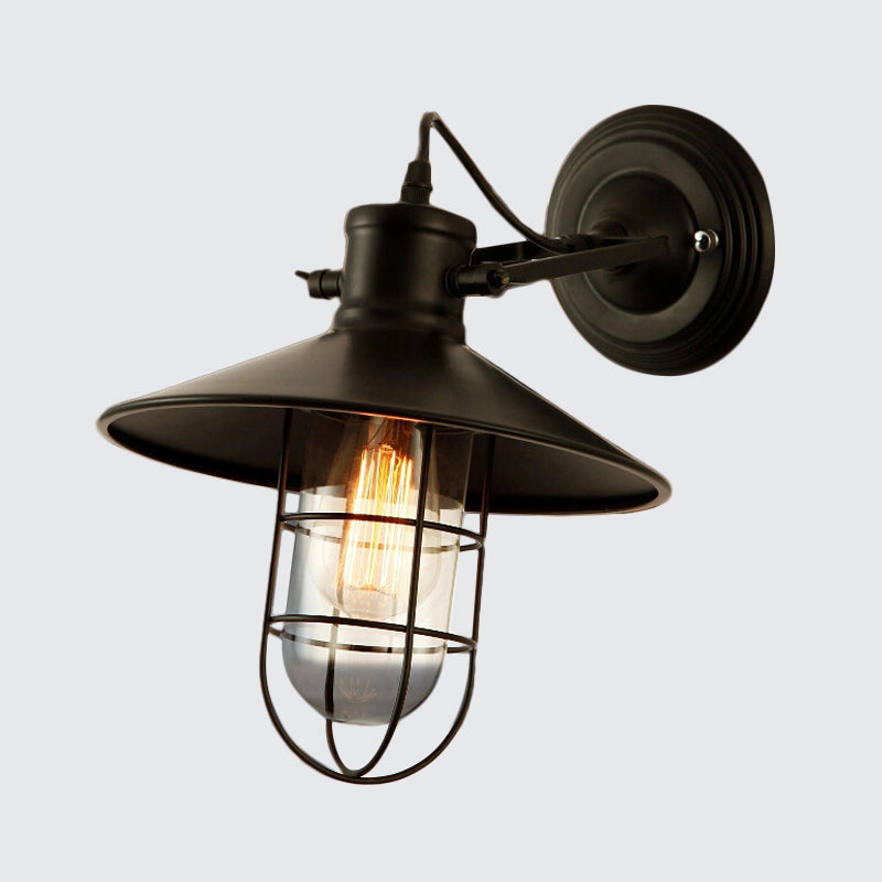 Farmhouse Adjustable Wall Lamp with Clear Glass Bulb, Black Wire Cage & Saucer Top