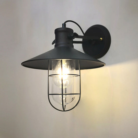 Adjustable Industrial Black Iron Wall Sconce Lamp with Cage and Clear Glass Shade