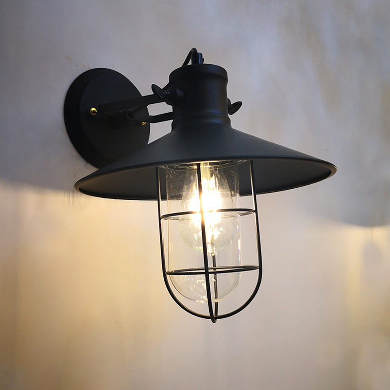 Adjustable Industrial Black Iron Wall Sconce Lamp with Cage and Clear Glass Shade