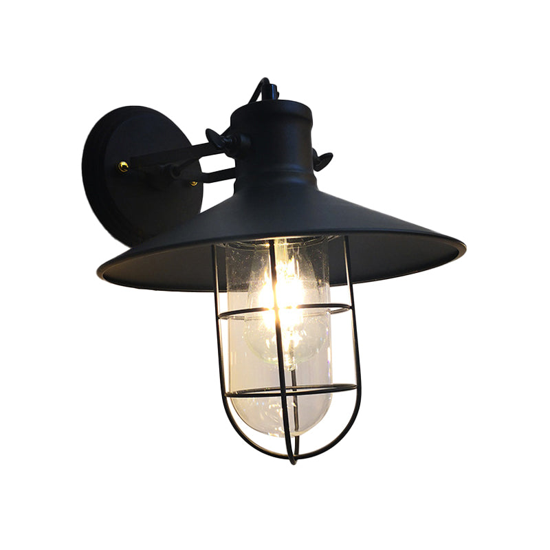 Adjustable Industrial Black Iron Wall Sconce Lamp with Cage and Clear Glass Shade