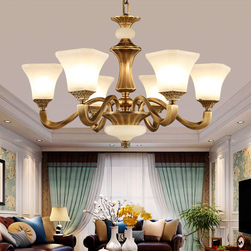 White Glass Pagoda Up Chandelier Traditional 3/6-Head Bedroom Hanging Pendant Light in Brass