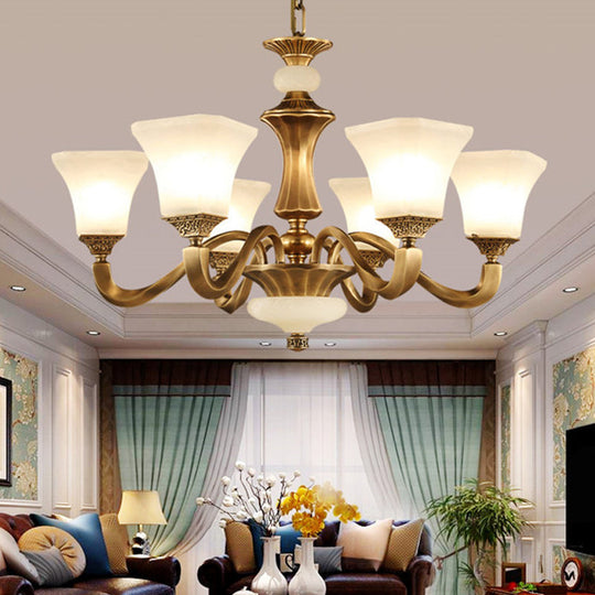 White Glass Pagoda Up Chandelier Traditional 3/6-Head Bedroom Hanging Pendant Light in Brass