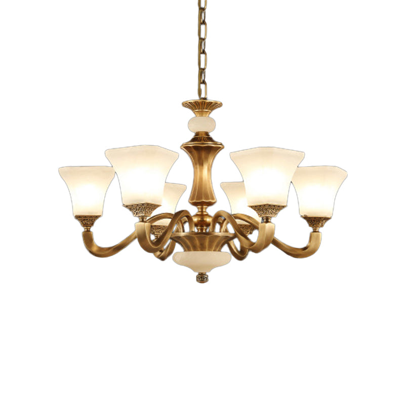 White Glass Pagoda Up Chandelier Traditional 3/6-Head Bedroom Hanging Pendant Light in Brass