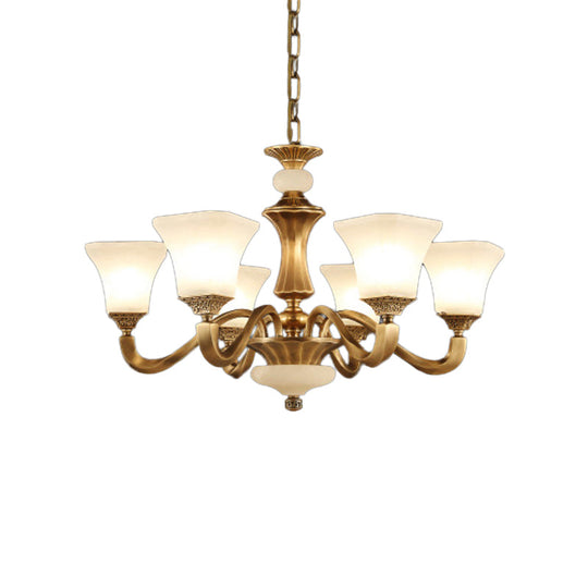 White Glass Pagoda Up Chandelier Traditional 3/6-Head Bedroom Hanging Pendant Light in Brass