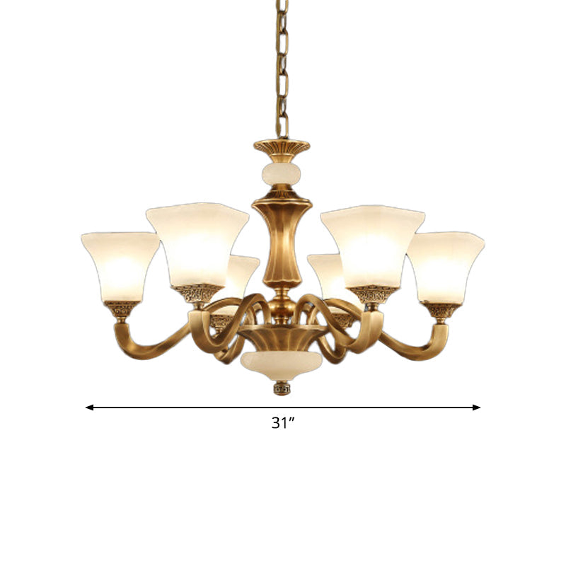 White Glass Pagoda Up Chandelier Traditional 3/6-Head Bedroom Hanging Pendant Light in Brass