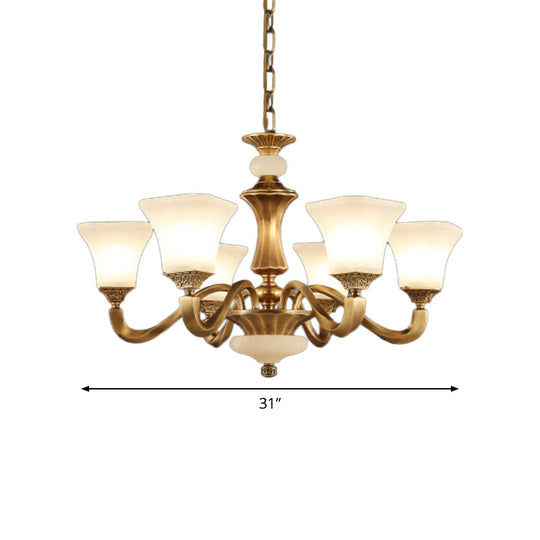 White Glass Pagoda Up Chandelier Traditional 3/6-Head Bedroom Hanging Pendant Light in Brass
