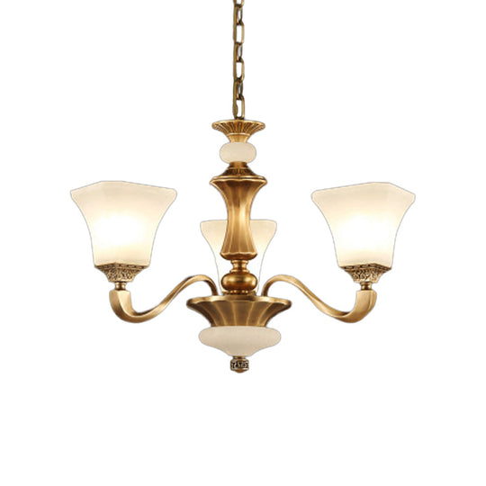 White Glass Pagoda Up Chandelier Traditional 3/6-Head Bedroom Hanging Pendant Light in Brass