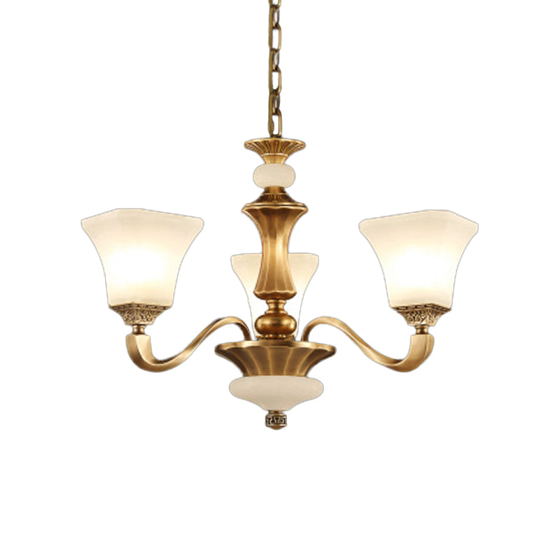 White Glass Pagoda Up Chandelier Traditional 3/6-Head Bedroom Hanging Pendant Light in Brass