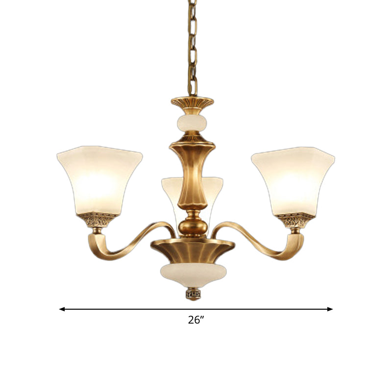 White Glass Pagoda Up Chandelier Traditional 3/6-Head Bedroom Hanging Pendant Light in Brass
