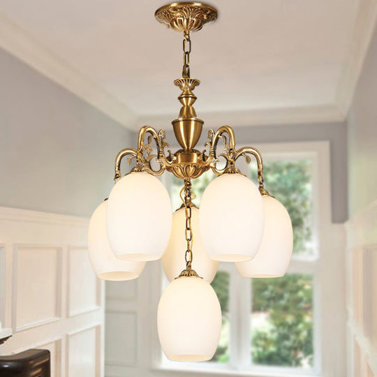 Vintage Bronze Oval Chandelier - 4/6-Bulb Down Lighting Pendant with Frosted White Glass