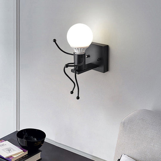 Art Deco Small Man Metal Wall Sconce Light: 1/2-Bulb White Wall Mount for Kids Room