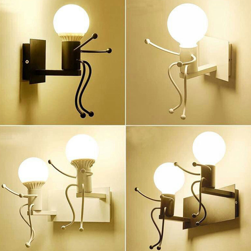 Art Deco Small Man Metal Wall Sconce Light: 1/2-Bulb White Wall Mount for Kids Room