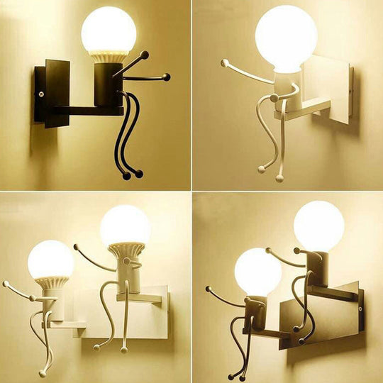 Art Deco Small Man Metal Wall Sconce Light: 1/2-Bulb White Wall Mount for Kids Room