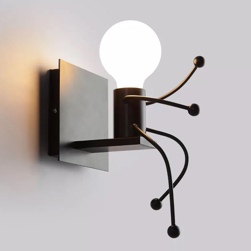 Art Deco Small Man Metal Wall Sconce Light: 1/2-Bulb White Wall Mount for Kids Room