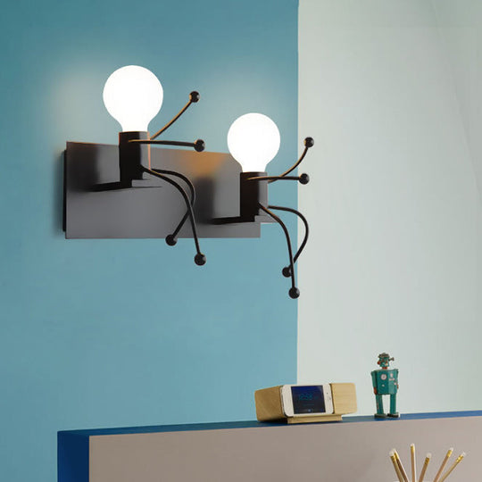 Art Deco Small Man Metal Wall Sconce Light: 1/2-Bulb White Wall Mount for Kids Room