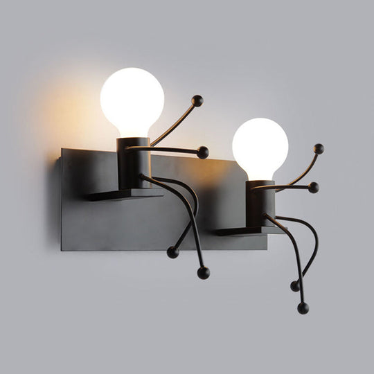 Art Deco Small Man Metal Wall Sconce Light: 1/2-Bulb White Wall Mount for Kids Room