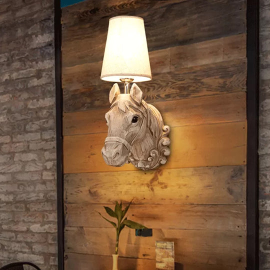Art Deco Horse Head Wall Sconce 1-Light Restaurant Mounted Light - Light Brown Resin with Cone Shade