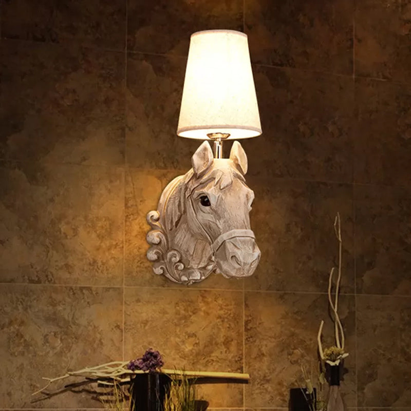 Art Deco Horse Head Wall Sconce 1-Light Restaurant Mounted Light - Light Brown Resin with Cone Shade