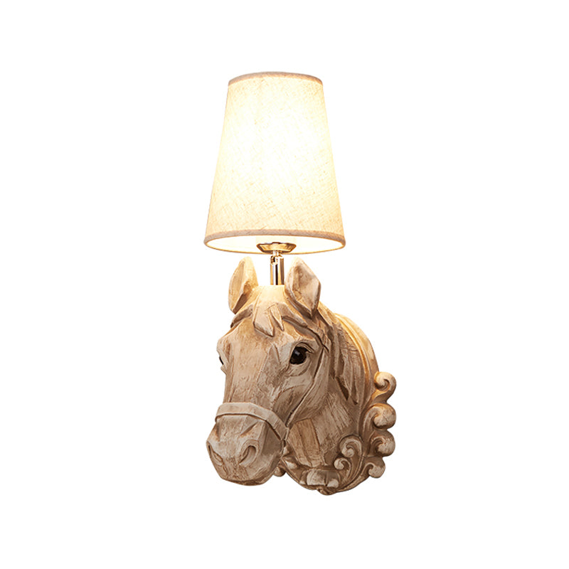 Art Deco Horse Head Wall Sconce 1-Light Restaurant Mounted Light - Light Brown Resin with Cone Shade