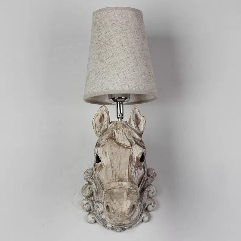 Art Deco Horse Head Wall Sconce 1-Light Restaurant Mounted Light - Light Brown Resin with Cone Shade