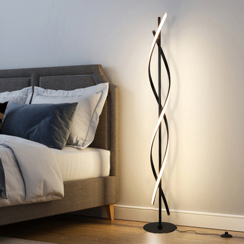 Modern Spiral Floor Lamp - Metallic Black/White LED Stand Up Light for Bedroom