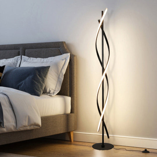 Modern Spiral Floor Lamp - Metallic Black/White LED Stand Up Light for Bedroom