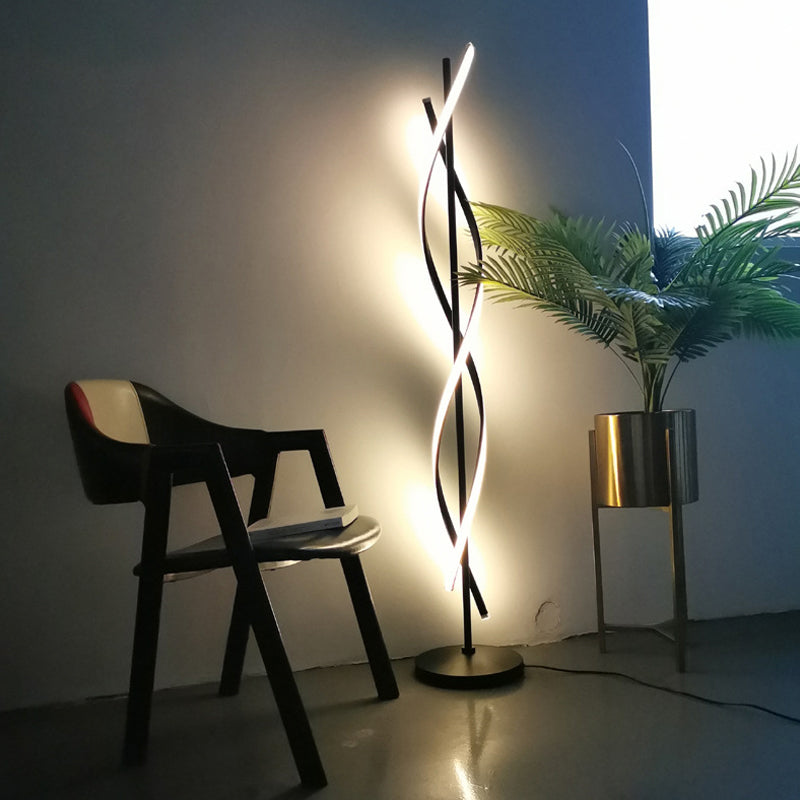 Modern Spiral Floor Lamp - Metallic Black/White LED Stand Up Light for Bedroom