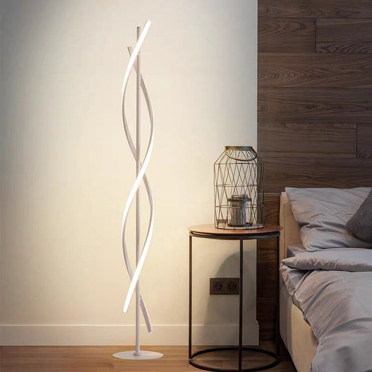 Modern Spiral Floor Lamp - Metallic Black/White LED Stand Up Light for Bedroom