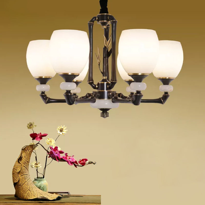 Vintage Cream Glass 6-Head Black Bell Suspension Chandelier for Dining Room