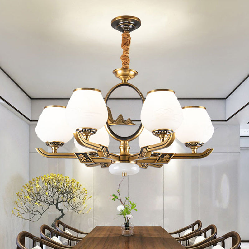 Traditional Brass Chandelier with 6 Hanging Lights & Bud White Glass Shade for Dining Room