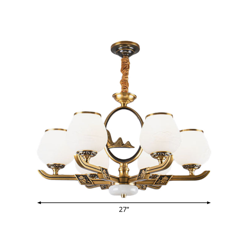 Traditional Brass Chandelier with 6 Hanging Lights & Bud White Glass Shade for Dining Room