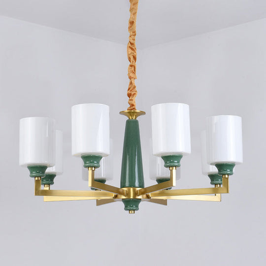 Retro Emerald White Glass Cylindrical Chandelier - Suspended Lighting Fixture with 3/8/12 Lights