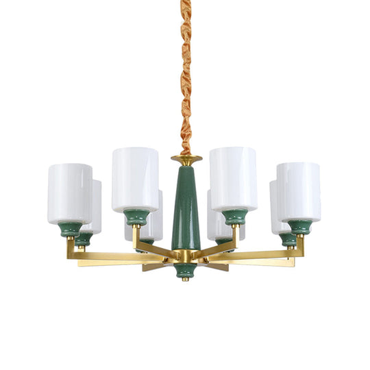 Retro Emerald White Glass Cylindrical Chandelier - Suspended Lighting Fixture with 3/8/12 Lights