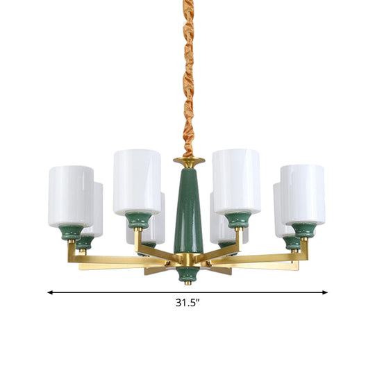 Retro Emerald White Glass Cylindrical Chandelier - Suspended Lighting Fixture with 3/8/12 Lights
