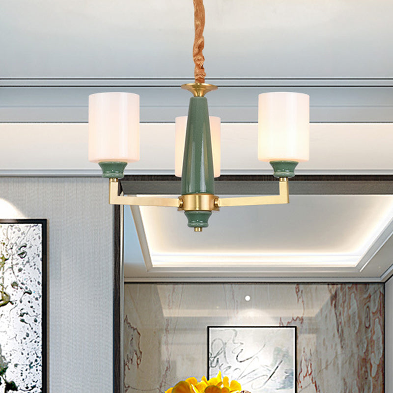 Retro Emerald White Glass Cylindrical Chandelier - Suspended Lighting Fixture with 3/8/12 Lights
