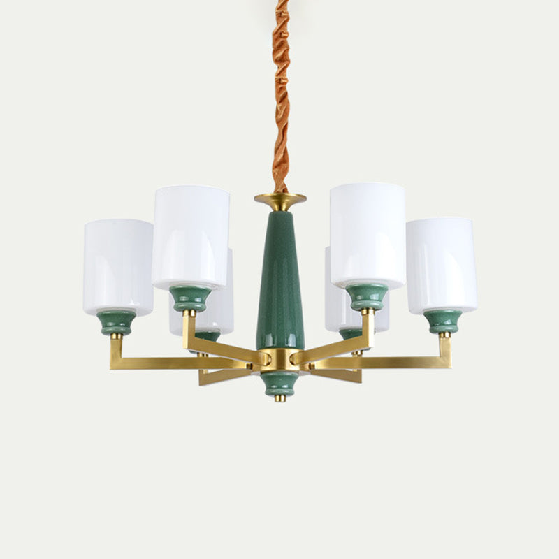 Retro Emerald White Glass Cylindrical Chandelier - Suspended Lighting Fixture with 3/8/12 Lights