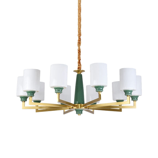 Retro Emerald White Glass Cylindrical Chandelier - Suspended Lighting Fixture with 3/8/12 Lights