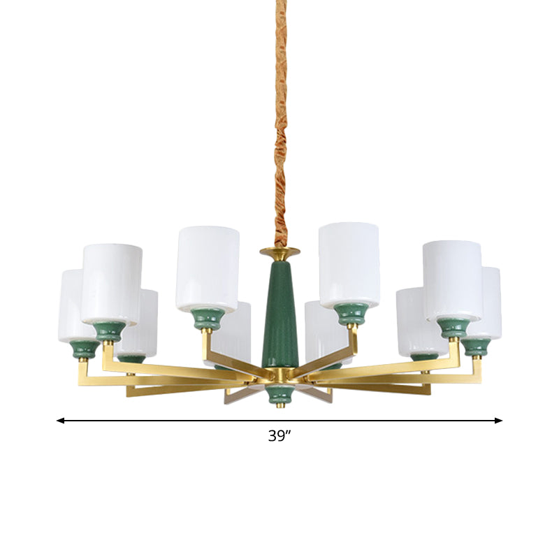 Retro Emerald White Glass Cylindrical Chandelier - Suspended Lighting Fixture with 3/8/12 Lights